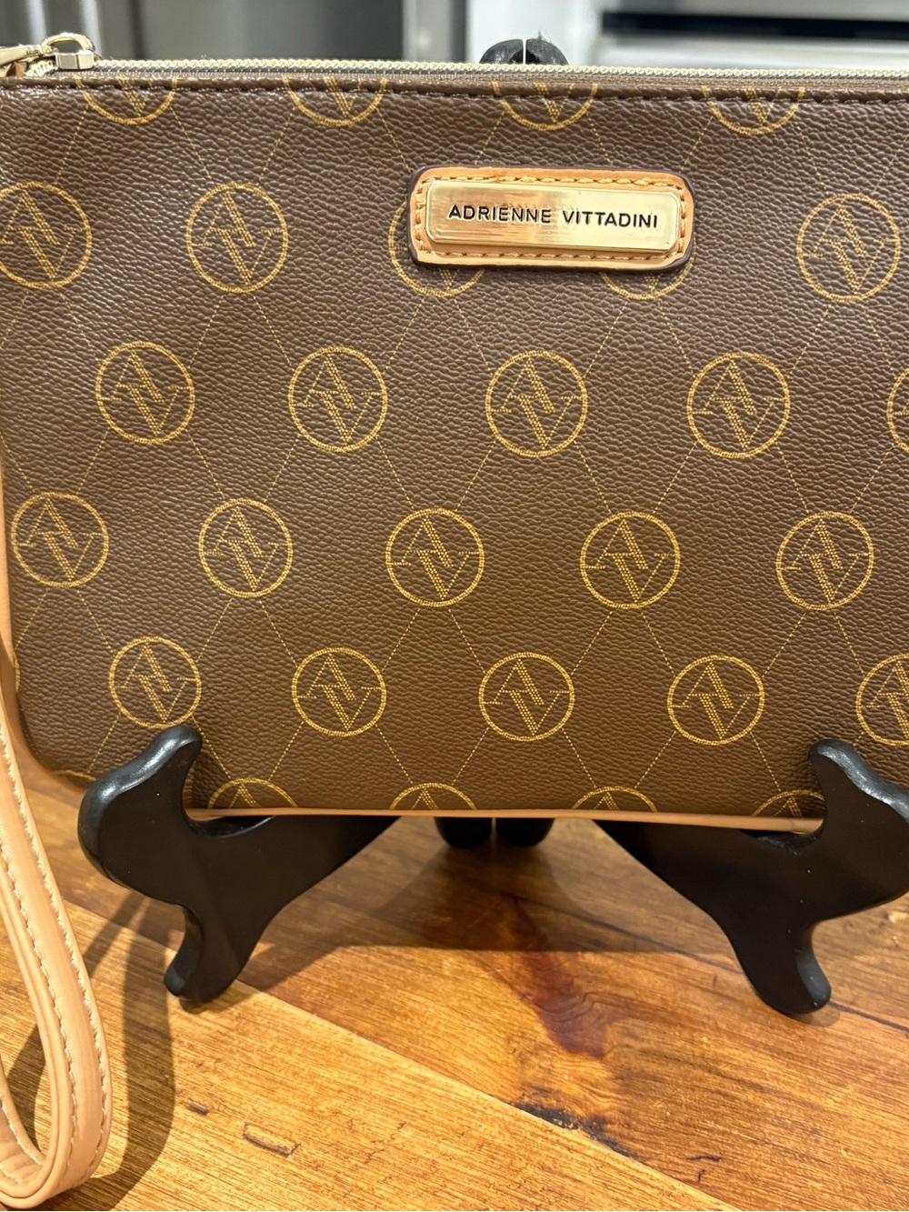Adrienne Vittadini Brown Monogram Wristlet with Tan Trim Handbag Purse